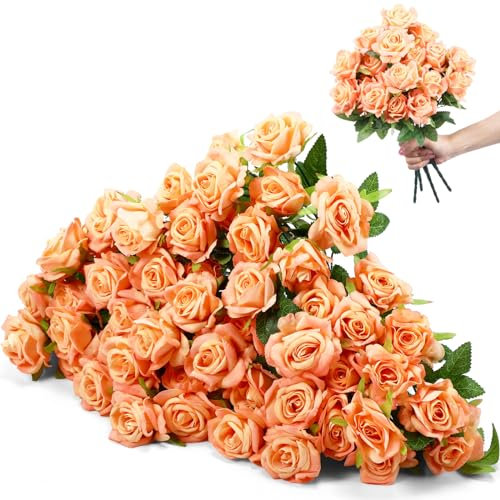 Yunlly 12 Bunches Artificial Roses 7 Heads Silk Flower Roses with Stems Fake Rose Bouquet for Gift for Valentine's Day Home Office Parties Bridal Wedding Decoration (Champagne)