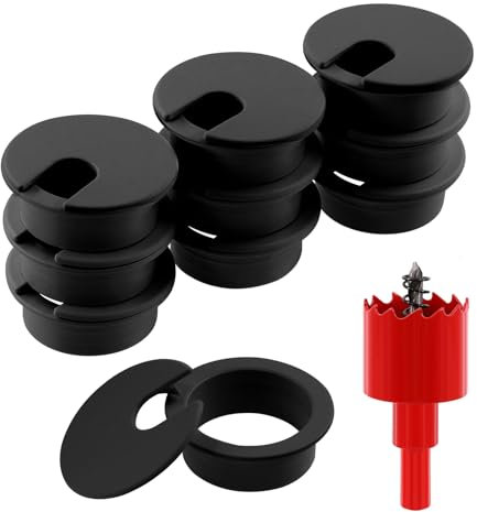 Glarks Lot de 6 œillets et scies-cloches de bureau réglables avec 1 scie-cloche de 8 cm, cache-trou pour câble de table de bureau et de maison (35 mm)