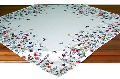 Raebel OHG Tischdecke Quadratisch 85 x 85 cm weiß Damast Bedruckt mit bunten Blumen Blüten Floral Esstisch