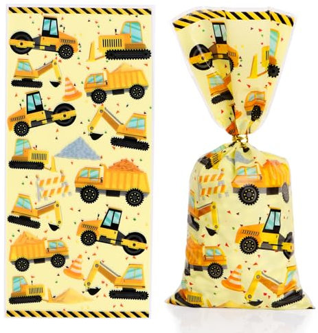 BETESSIN Geschenktüten Kindergeburtstag - 25 Stück Bagger Tüten mit Twist Ties - Baustelle Mitgebsel Tüten - Gastgeschenke für Kindergeburtstage und Bagger Partys - 27.2x12.5 cm