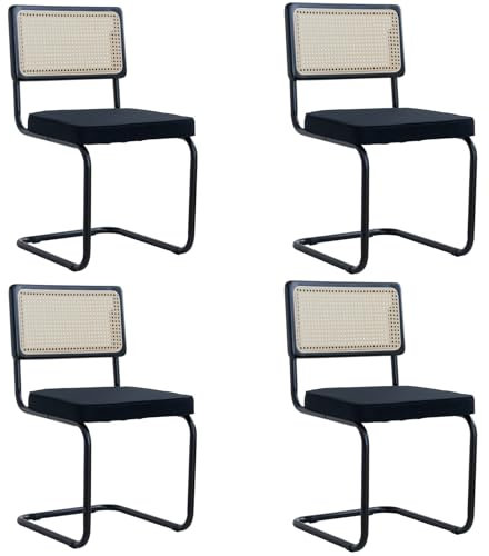 Uderkiny Esszimmerstühle 4er Set,Gepolsterte Rattan-Küchenstühle,Rattan-Rückenlehne/stahlrahmen, Geeignet für Esszimmer/Büro/Küche/Schlafzimmer(Schwarz,4)