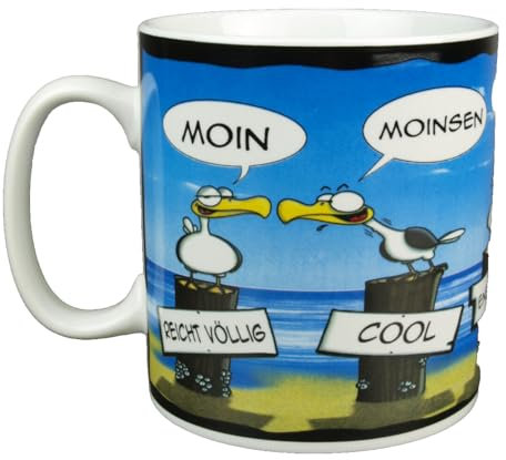 Großer Kaffeebecher - Moinsen - Becher Tasse Maritim Porzellan 500ml Möwe auf Poller Meer Moin Jumbotasse