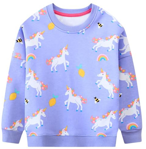 FILOWA Felpa per Bambina, Ragazza Unicorno Arcobaleno Ape Stampe Pullover Maglione Cotone Girocollo Moda Manica Lunga Maglietta Casual Top, Bambine e Ragazze Senza Cappuccio Felpe Bimba 4-5 Anni,Viola
