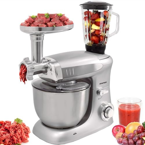 Syntrox Germany Teigknetmaschine Snilex mit Fleischwolf | Mixer | Teigknetmaschine, 6,5 Liter Kapazität, 1300 Watt, Multifunktionale Küchenmaschine, Edelstahl-Rührschüssel (Silber)