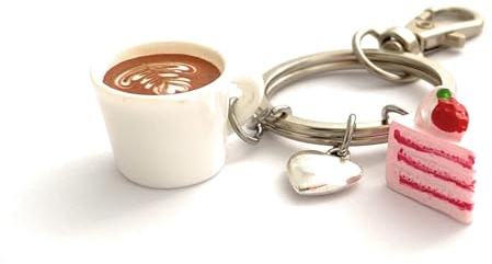 FizzyButton Gifts Coffee and Cake Theme Keyring Key Ring with Resin Mug and Slice of Cake, and Heart Charm with Lobster Clasp