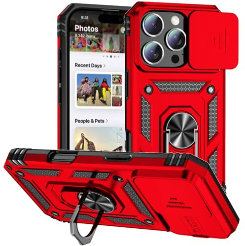Hitaoyou Phone Case for iPhone 16 Pro Max, iPhone 16 Pro Max Case with Camera Cover & Kickstand Military Grade Shockproof Heavy Duty Protective with Magnetic Car Mount Holder Cover Red