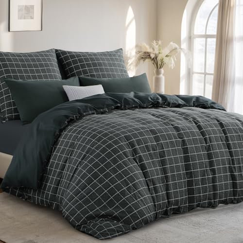 RUIKASI Bettwäsche 200x220 Baumwolle 3 teilig Anthrazit - Baumwollbettwäsche 200 x 220 mit Gitter Muster, Bettbezug Set 220x200 Cotton mit Reißverschluss