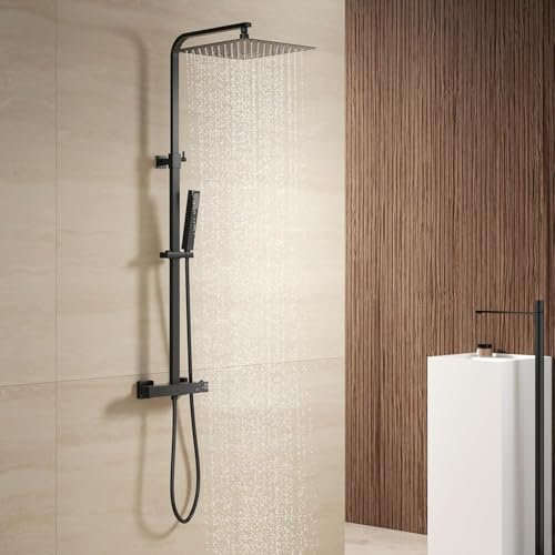 YOOZENA Duscharmatur mit Thermostat,Regendusche mit armatur, Duschsystem (Duscharmatur Schwarz - 25 X 25 CM Kopfbrause - Duschkopf mit Schlauch und Halterung) Eckig