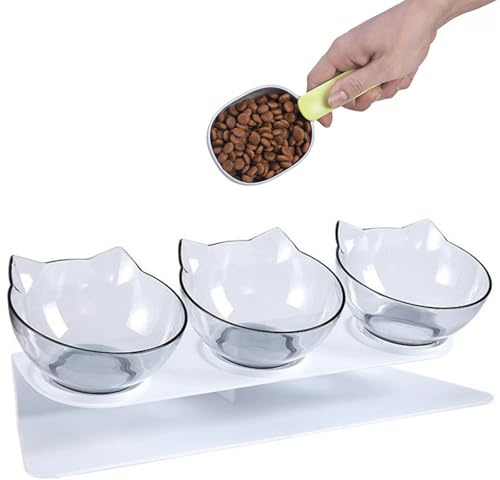 3pcs Transparent Cat Bowls with1 Stand 1 Scoop, 15°Tilted Pet Neck Protective Bowl Anti Vomiting, Detachable Elevated Food Feeder, Anti Over-turned and Spill Kitten Bowl for Feeding, Water Supplies