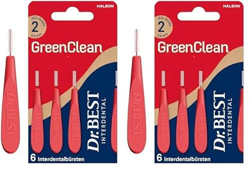 Dr.BEST GreenClean Interdentalbürsten, Rot, 6 Stück - Sanfte Reinigung der Zahnzwischenräume (Packung mit 2)