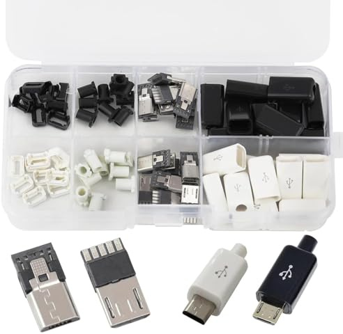 Harrisen 20 Set Micro USB Schweißen Männliche mit Plastikhülle, Micro USB Typ B 5 Pin Männliche Kit, USB Typ B Klinkenstecker Lötstecker Adapter für DIY (10 Set Schwarz und 10 Set Weiß)