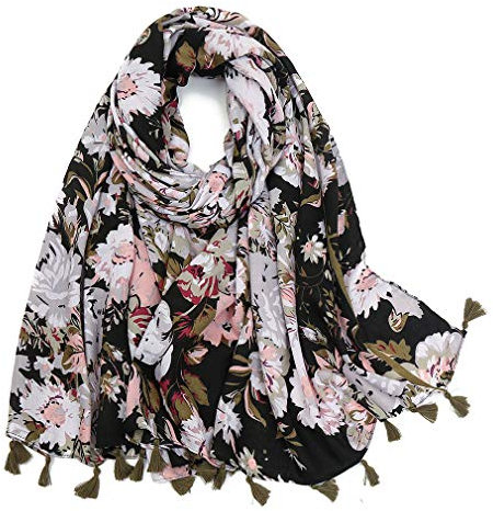 KAVINGKALY Boho Schal für Damen Leichter Blumendruck Schal Fashion Fransen Schals Wraps Schal