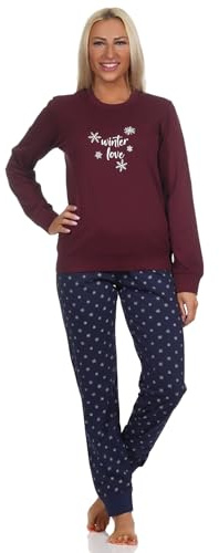 Normann Damen Langarm Schlafanzug Pyjama mit Bündchen in winterlicher Optik, Farbe:rot, Größe:44-46