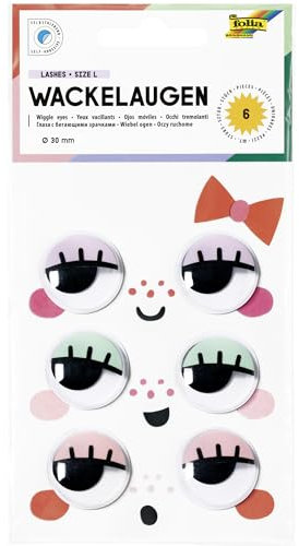folia 7512 - Wackelaugen LASHES SIZE L, 6 Kulleraugen mit Wimpern in Lila, Grün und Pink, Ø 3 cm, aus Kunststoff, selbstklebend, zum Verzieren und Dekorieren