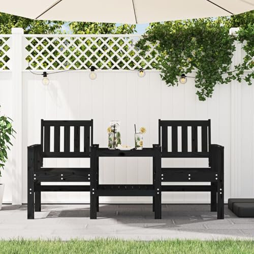 Fasba Gartenbank, 2-Sitzer Bank mit Tisch Ablage, Sitzbank Parkbank mit Latten-Design, Holzbank Gartensessel Gartenmöbel, Schwarz Massivholz Kiefer