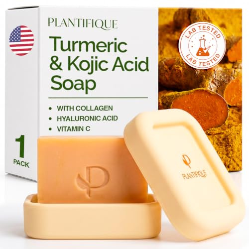PLANTIFIQUE Turmeric Kojic Acid Soap 80 g - 1 Stück mit Seifendose | Gesichtsseife Kojisäure Kurkuma für Hyperpigmentierung Dunkle Flecken - Seife Gesicht mit Hyaluronsäure, Kollagen, Vitamin C