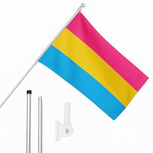 Pansexuelle Flagge, Fahnenmast und Wandhalterung, Pansexuelle Flagge mit Ösen, ausziehbarer Stange und Halterung, 1,5 x 0,9 m, Pride Month Dekoration für drinnen und draußen, LGBTQ+ Festivals und