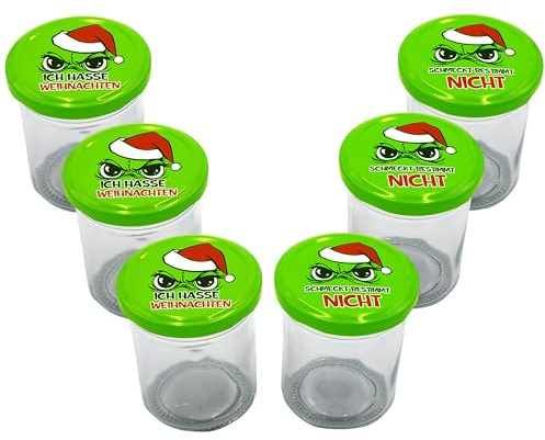 Annastore 6 x Einmachgläser mit Anti-Weihnachts-Design (6 x 200 ml) | Festtags-Muffel - Witzige Vorratsgläser luftdicht für Weihnachten - Freche Gläser zur Aufbewahrung für Weihnachten