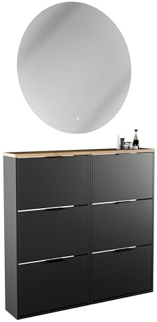 Planetmöbel 2 x Schuhschrank schmal | runder Spiegel mit Beleuchtung 100 cm, (2 Lichtstufen) Schuhkommode mit 3 Klappen Schuhregal mit 6 Ablagen, Garderobe Set, 60