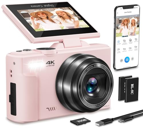 4K Digital Camera for Photography, 64MP Vlogging Camera for YouTube with 3 180°Flip Screen, 18X Digital Zoom HD Autofocus Compact Camera with WiFi,Flash,32GB TF Card & 2 Batteries(Pink)