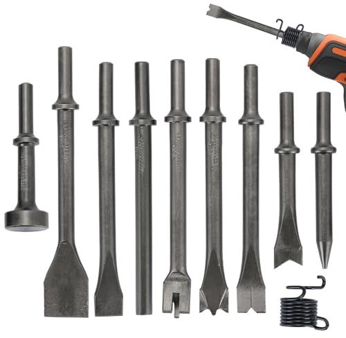 MAOPINER 10 Pcs Air Hammer Pneumatic Chisels Set, Heavy Duty High Carbon Steel Air Hammer Chisel Bits with 0.401 (10mm) Shank for Automotive, Metalwork & Rivet Removal, Includes Spring