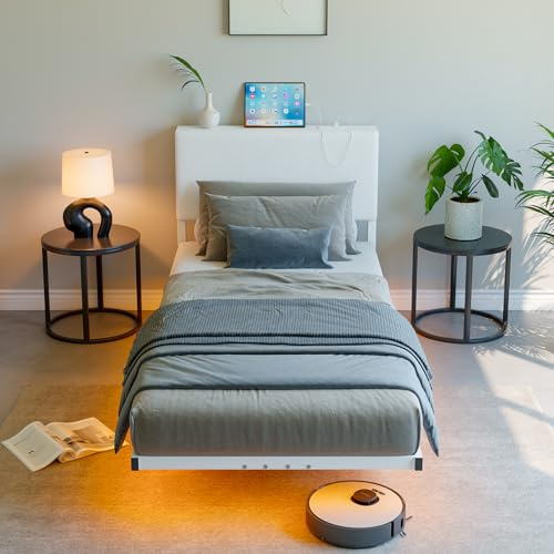 HOMERECOMMEND Floating Single Bed Frame with LED Light,90x200 Bed,White | 3ft Single Bed Frame with Charging Station With Charging Station,Upholstered Bed Frames Single Size Bed with Storage