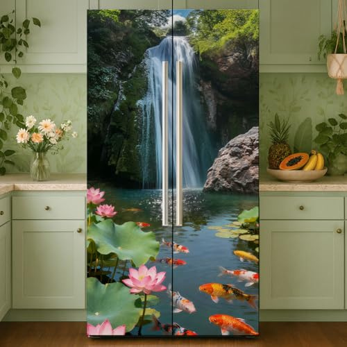 GOMAKERER 2 Pcs Koi Waterfall Pattern Removable Refrigerator Wraps, Self-Adhesive Fridge Door Mural Vinyl Freezers Panel Cover Sticker for Kitchen Bar Decor, 41.5x200cm