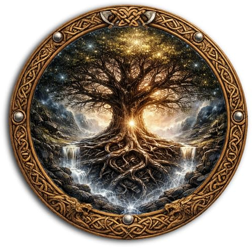 DARO Design - Viking Wandbilder Rund Ø 30 cm - Yggrasil – Nordische Mythologie & Mystic Motiv - Als Wandbild oder Aufsteller – Inkl. Wandhaken & Ständer Aufsteller - Lebensbaum