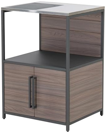 Sunjoy 3-stufiges Außenküchenregal mit Schrank, 63,5x54x91,5 cm, Edelstahloberfläche, Holzoptik & Metallrahmen, Grill-Pavillon für Garten & Terrasse