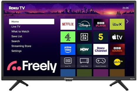 Westinghouse 32 Inch Freely TV Smart Roku OS - Dolby Digital HDR10, Netflix, Apple TV+, BBC iPlayer,，HDMI, USB- Ideal Small TVs for Bedroom, Lounge or Kitchen
