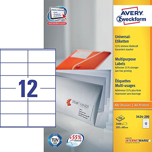 2.400 AVERY Zweckform Etiketten 3424-200 / weiß / matt / 105,0 x 48,0 mm
