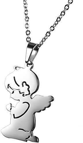 Flongo Acier Inoxydable Pendentif Collier Adorable Fille Ange Prière Chaîne 45cm Couleur Argent Charme Bijoux Cadeau pour Femme Fille