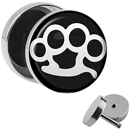 Treuheld | Ohrstecker zum Schrauben - SCHLAGRING - schwarz-weiß - Motiv Fake-Plug Ø 10mm Silber - Edel-Stahl Ohr-Ringe - Chirurgen-Stahl 316L Fake-Tunnel - Gewinde Ohr-Stecker - Brass Knuckles