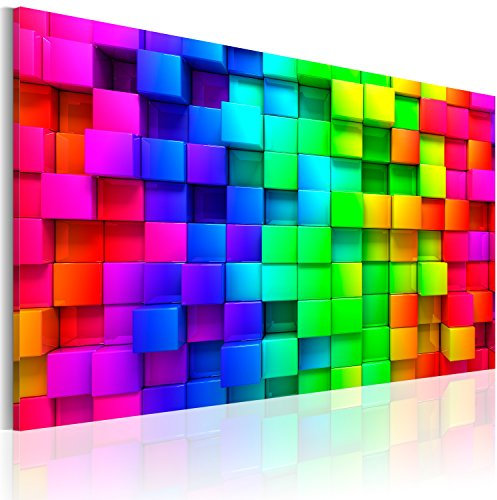B&D XXL - Wandbilder XXL 3D Effekt 120x80 cm 1 tlg - Wand Deko Vlies Leinwand Bilder Groß Wanddeko Wohnzimmer Schlafzimmer Kunstdrucke - bunte Quadrate Würfel Illusion a-B-0004-b-a