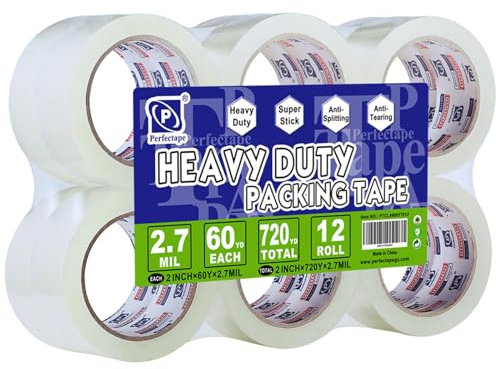 Perfectape Heavy Duty Packband 12 Rollen, transparent, 2,7 mil, ultra klebend, 4,8 cm x 50 m, Nachfüllpackung für Verpackung, Umzug und Versand