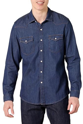 Amazon Essentials Camisa Vaquera de Corte Ajustado de Manga Larga con Botones a Presión Hombre, Azul, XXL