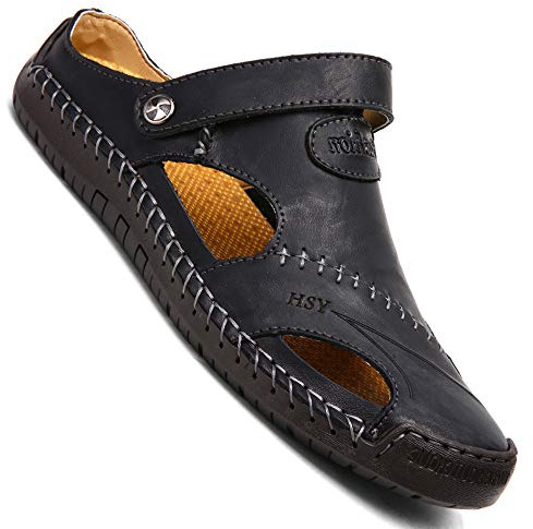 GSNOW Mens Casual Closed Toe Leather Outdoor Sports Sandals Beach Slippers Flat Shoes