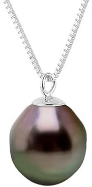 PEARLS & COLORS - Collier Véritable Perle de Culture de Tahiti Ovale 8-9 mm - Qualité A + - Argent 925 - Bijou Femme