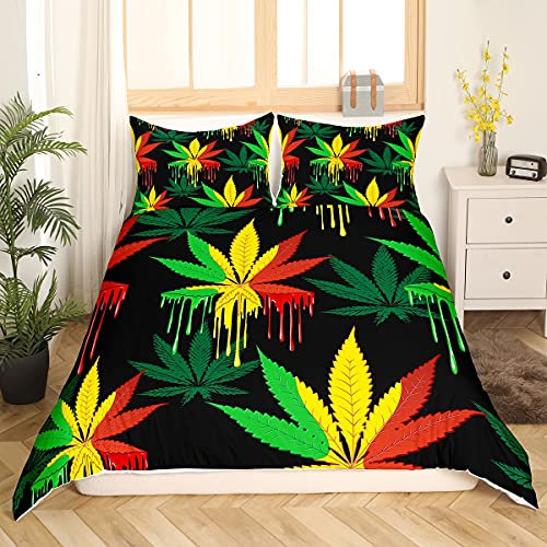 Marijuana Weed Leaf Duvet Cover Cannabis Leaves Bedding Set Colorful Marijuana Leaf Comforter Cover for Men Adults Bedroom Decor Bright Leaves Bedspread Cover With 2 Pillow Case Double