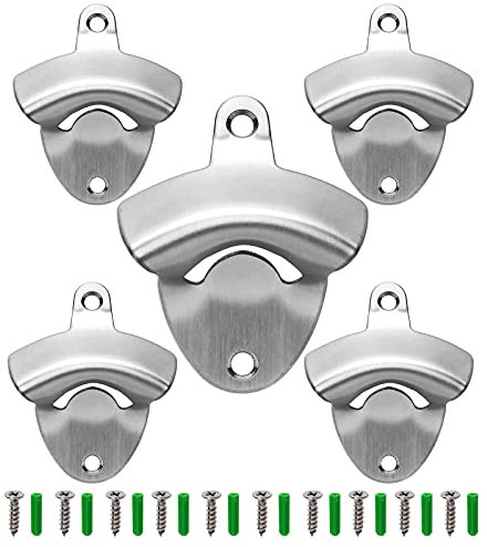 Luwanburg 5 PCS Stainless Steel Bottle Opener Wall Mounted Beer Cap Opener Brushed Silver