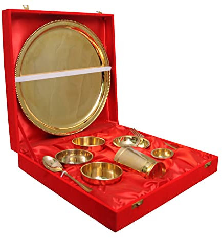 PARIJAT HANDICRAFT Service de table indien traditionnel en laiton avec assiette, bols, verre et cuillère magnifiquement fabriqué à la main pour cadeau (vaisselle09)