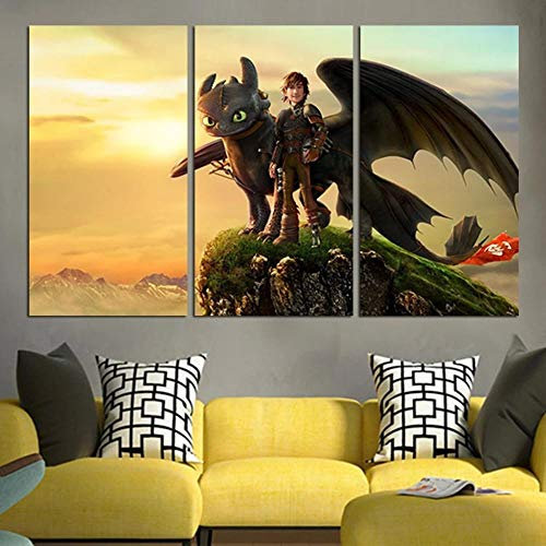 DDSDA 3 Teile Leinwand-Bild 3x50x70cm (Gesamt 150x70cm) Drachenzähmen leicht gemacht Wandbilder,Kunstdruck,Wohnzimmer Dekor,Kreatives Geschenk 3 Teiliges Leinwand Bild Frames