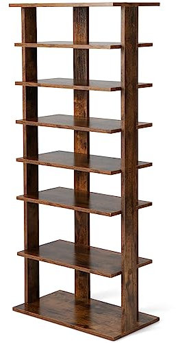 COSTWAY 7-Tier Shoe Rack, Freestanding Wooden Shoe Shelf Storage Stand, Single/Double Row Corner Shoes Organiser Unit for Home Hallway Entryway Closet (47 x 25.5 x 110cm, Rustic Brown)