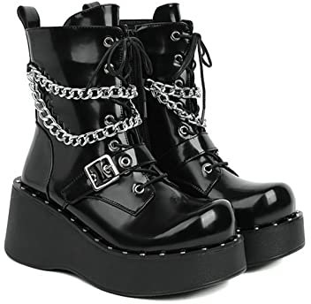 Damen Rock Punk Spitze Plattform Stiefel Mode Kette Niete Seite Reißverschluss High Heel Gothic Motorrad Stiefeletten,Schwarz,42 EU