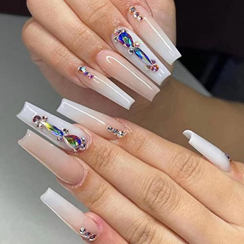 JUSTOTRY 24 Pcs Marble Coffin False Nails Long with Diamond,Brown French Press on Nails Patterns,Pretty Ballerina Stick on Nails for Women,Acrylic Glitter Fake Nail Medium for Nail Art