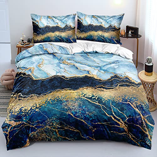 DXHOME Muster Bettwäsche 135x200 Gold Marmor Blau Dunkelblau Weiß Microfaser 4 Teilig Wendebettwäsche Einzelbett Bettbezüge mit Reißverschluss und 2 Kissenbezüge 80 × 80 cm