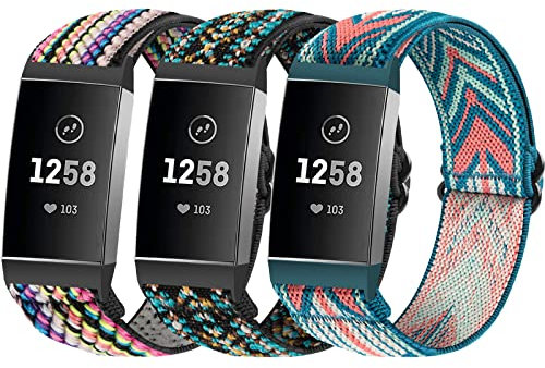 SITAFU 3 Stück Armband Kompatibel mit Fitbit Charge 3/Fitbit Charge 4 Armband Damen Herren, Elastisches Nylon Verstellbar Dehnbar Ersatzband für Fitbit Charge 4/Fitbit Charge 3