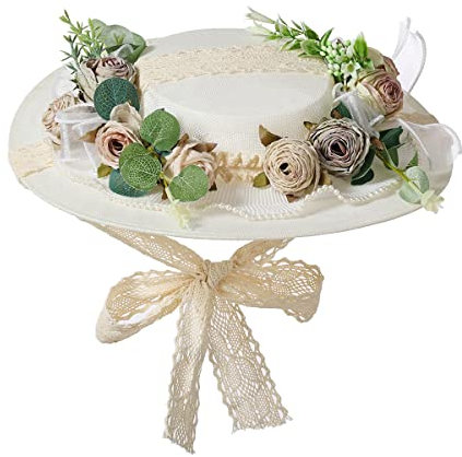 COSDREAMER Sonnenhut für Frauen, viktorianischer Stil, Schleifen, Blumen, Strohhüte (D)