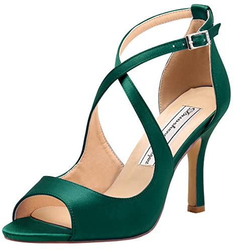 Duosheng & Elegant HP1820 High Heel Pumps Kreuz Riemchen Schnalle Peep Zehen Satin Abendschuhe Partei Hochzeitsschuhe Brautschuhe Sandalen Dunkelgrün 39 EU