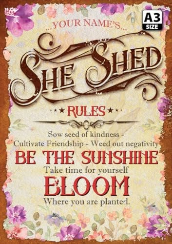 ELITEPRINT Personalised Garden She Shed Rules Customized Classic Signs Decor Metal Plaque - Wall Art Decorations (A3 (42cm x 29.7cm)) 0751-B